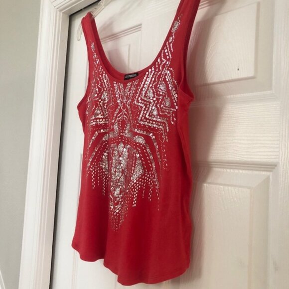 Express Embellished Silver Sequin Red Tank Top - Picture 5 of 15